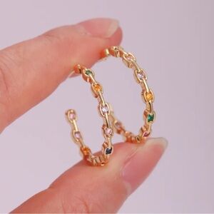 18K Gold Chain Link Colorful Gemstone Inlay Accent Hoop C Shape Earrings